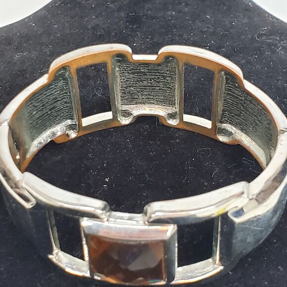 Silver Tone Clamp Bracelet 2" Brown Square Rhinestone - Picture 3 of 6